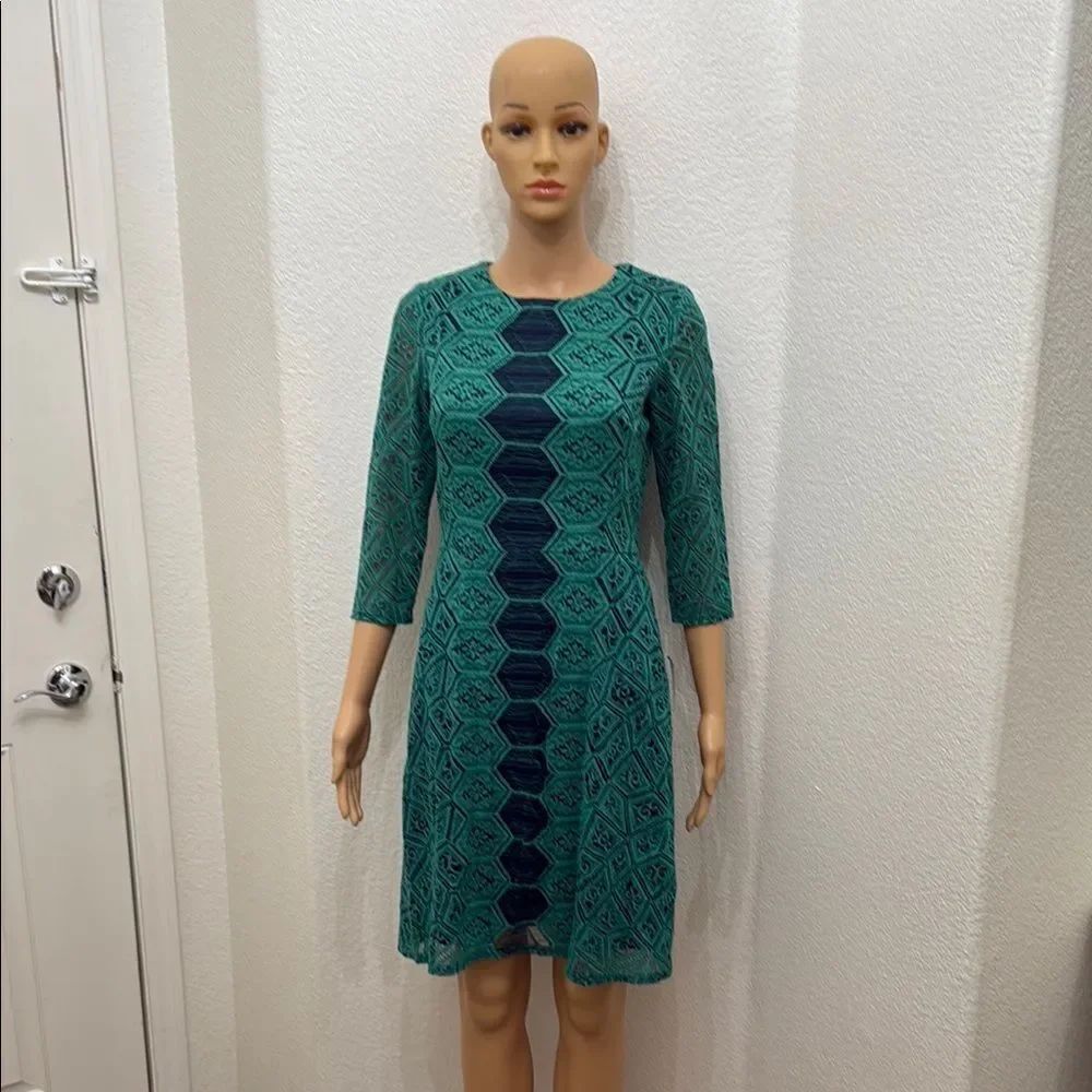 Gabby Skye Green Black Sheath Dress with 3/4 Sleeves Boat Neck Midi Floral Lace